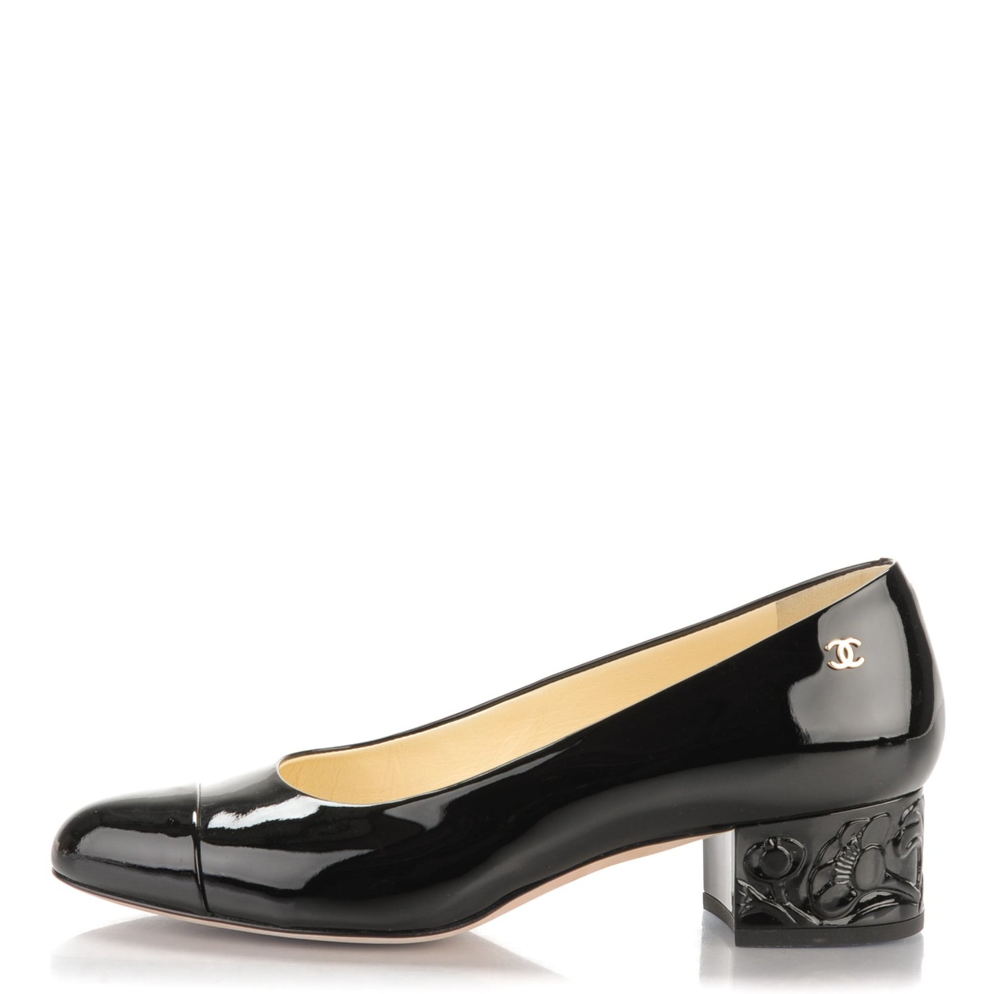 Patent Calfskin Camellia Cap Toe Pumps 37 Black