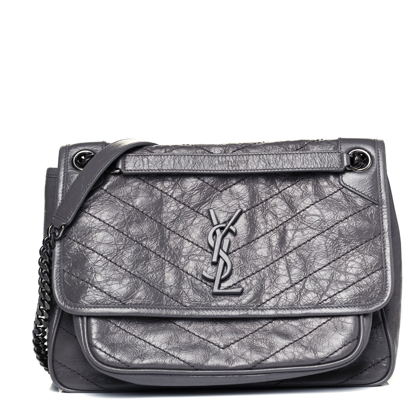 Crinkled Calfskin Matelasse Monogram Medium Niki Chain Satchel Light Gray