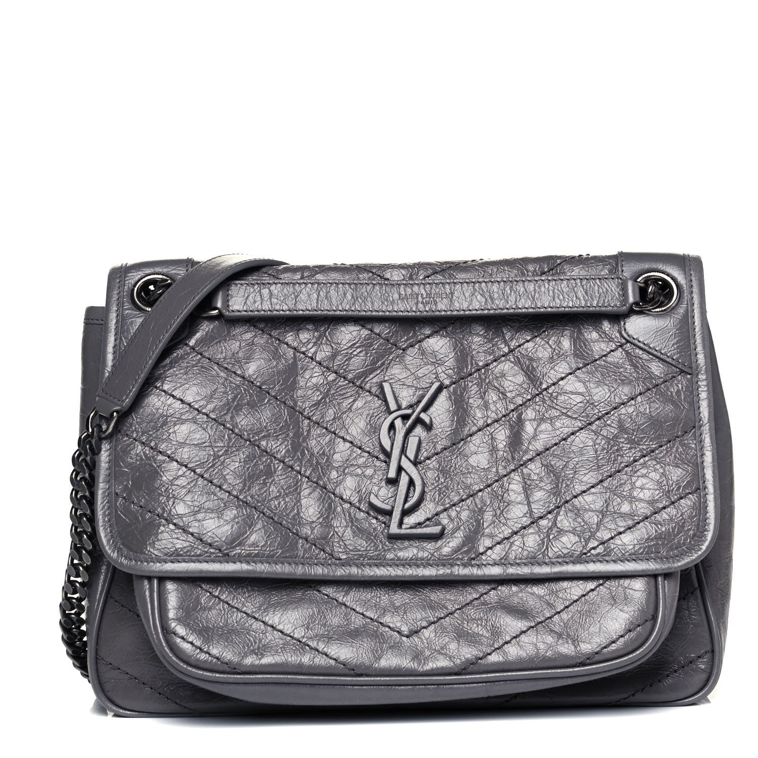 Saint Laurent Crinkled Calfskin Matelasse Monogram Medium Niki Chain Satchel Light Gray 1 of 8