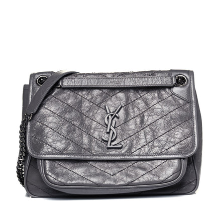 Saint Laurent Crinkled Calfskin Matelasse Monogram Medium Niki Chain Satchel Light Gray 1 of 8