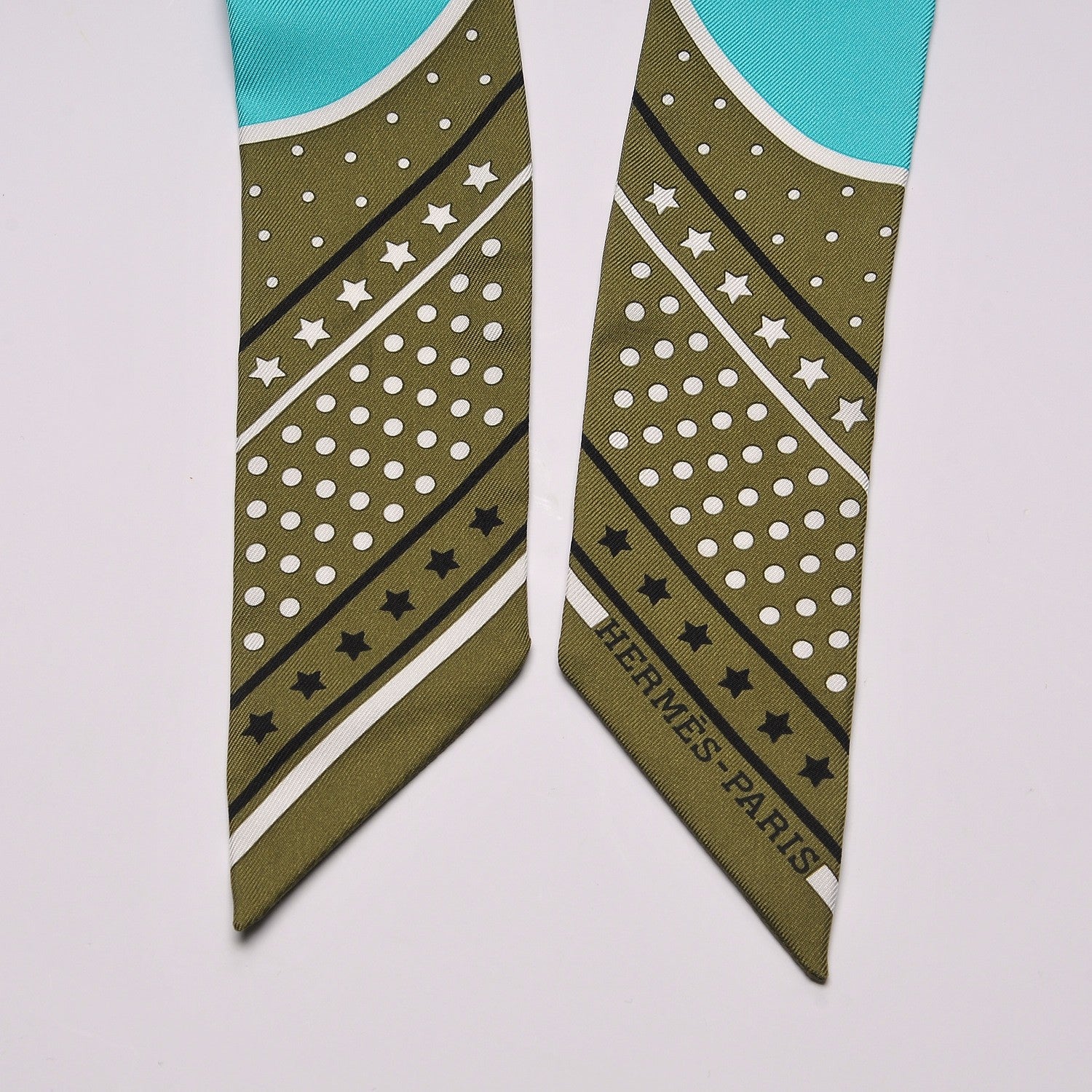 Hermes Silk Les Flacons Twilly Kaki Turquoise Blanc 5 of 6