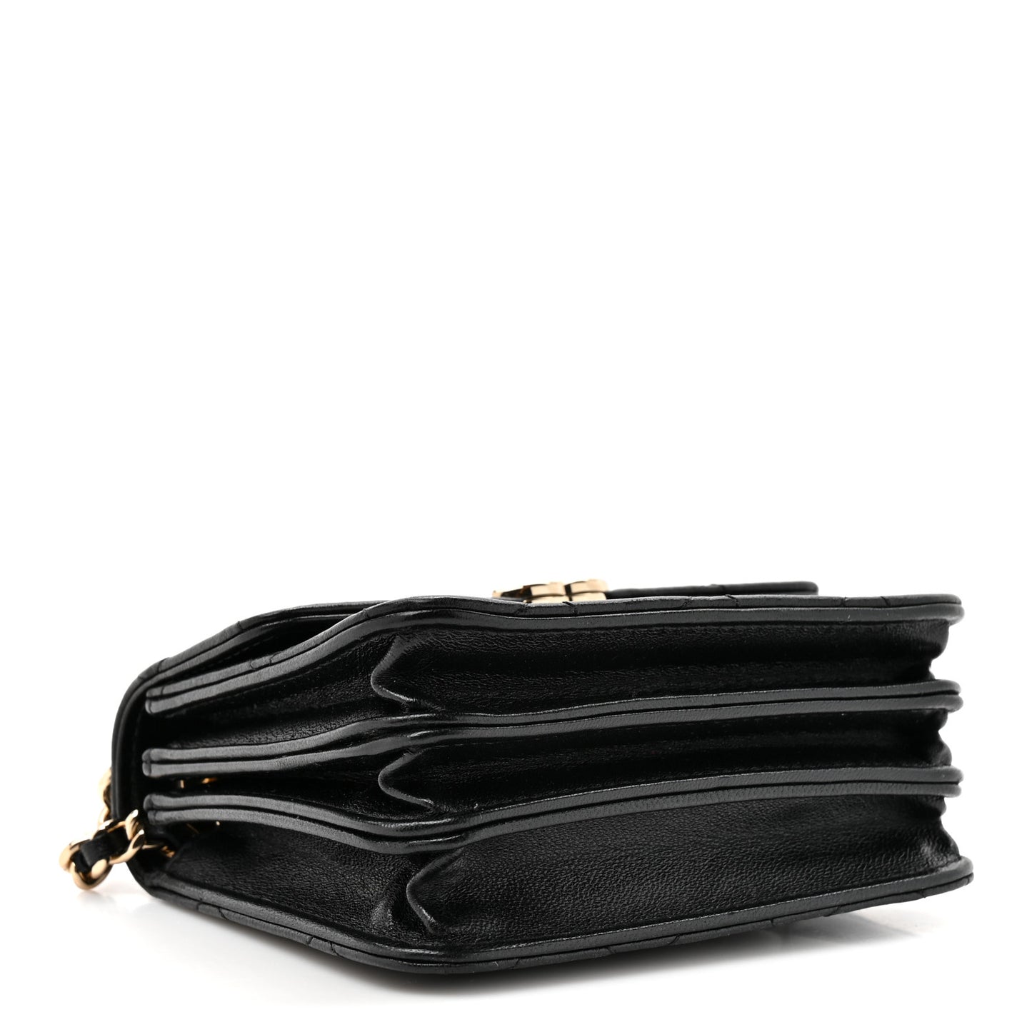 Lambskin Metal Quilted Top Handle Flap Clutch With Chain Black