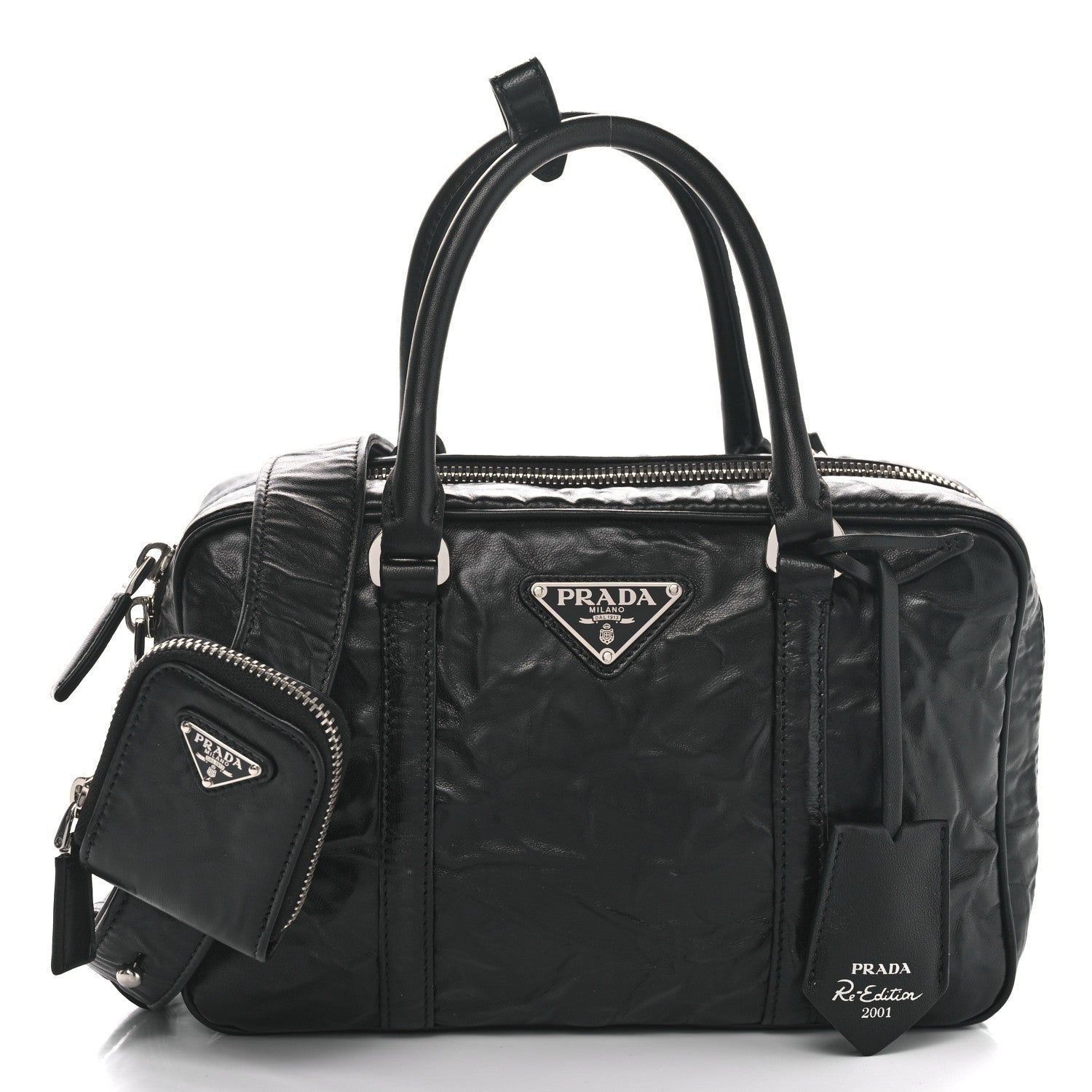 Prada Nappa Antique Medium Re-Edition 2001 Two Handle Bag Black