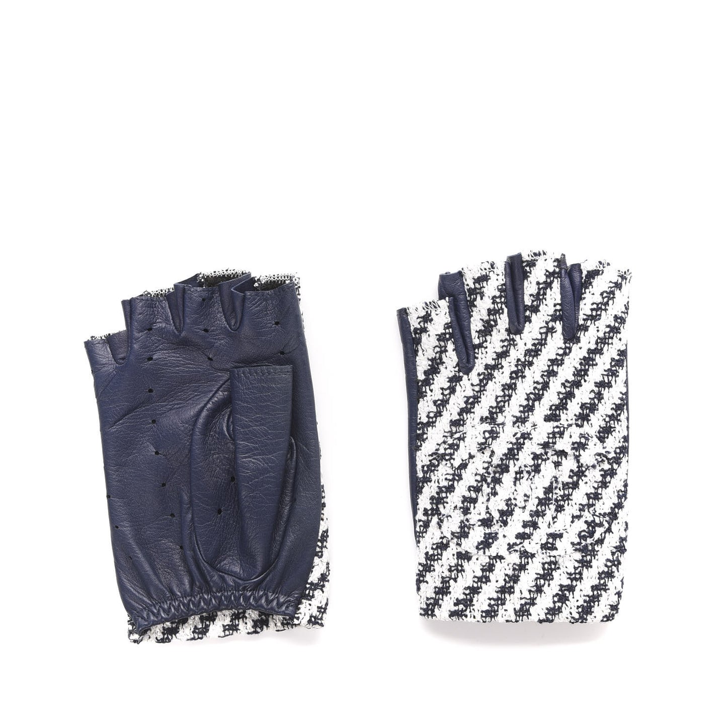 Lambskin Tweed CC Fingerless Gloves 7 Navy White
