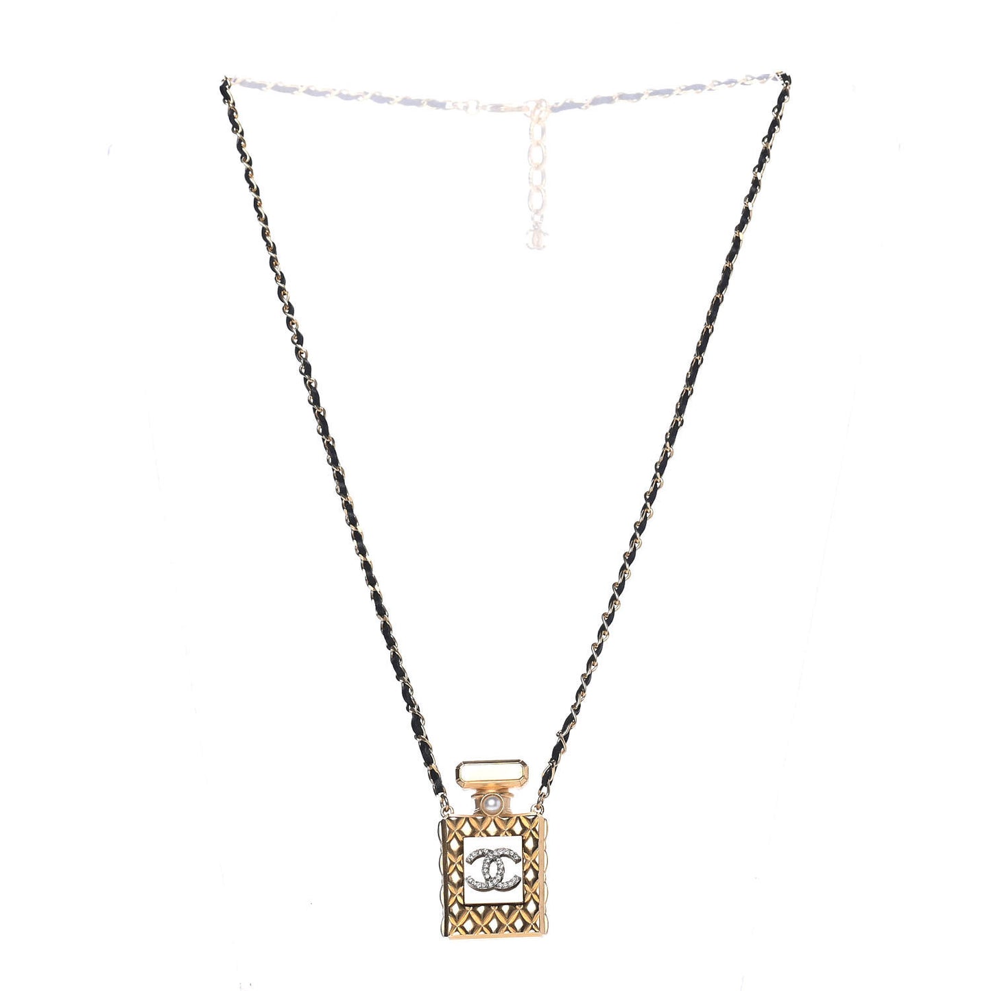 Crystal Pearl Perfume Bottle CC Necklace Black Gold