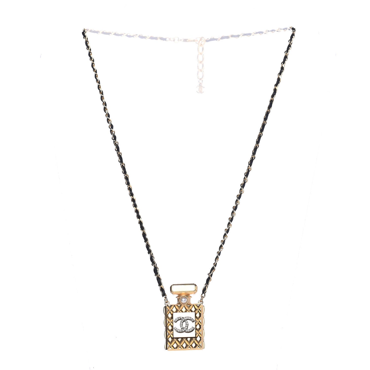 Chanel Crystal Pearl Perfume Bottle CC Necklace Black Gold 2 of 4