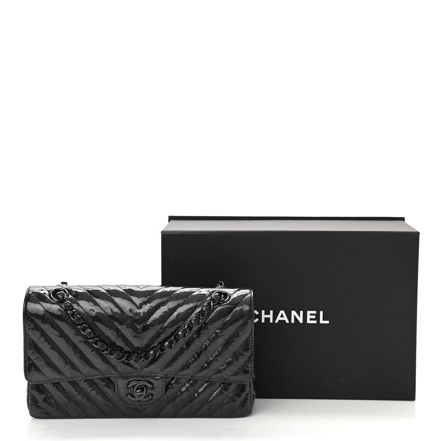 Metallic Patent Crumpled Calfskin Chevron Quilted Medium Double Flap So Black