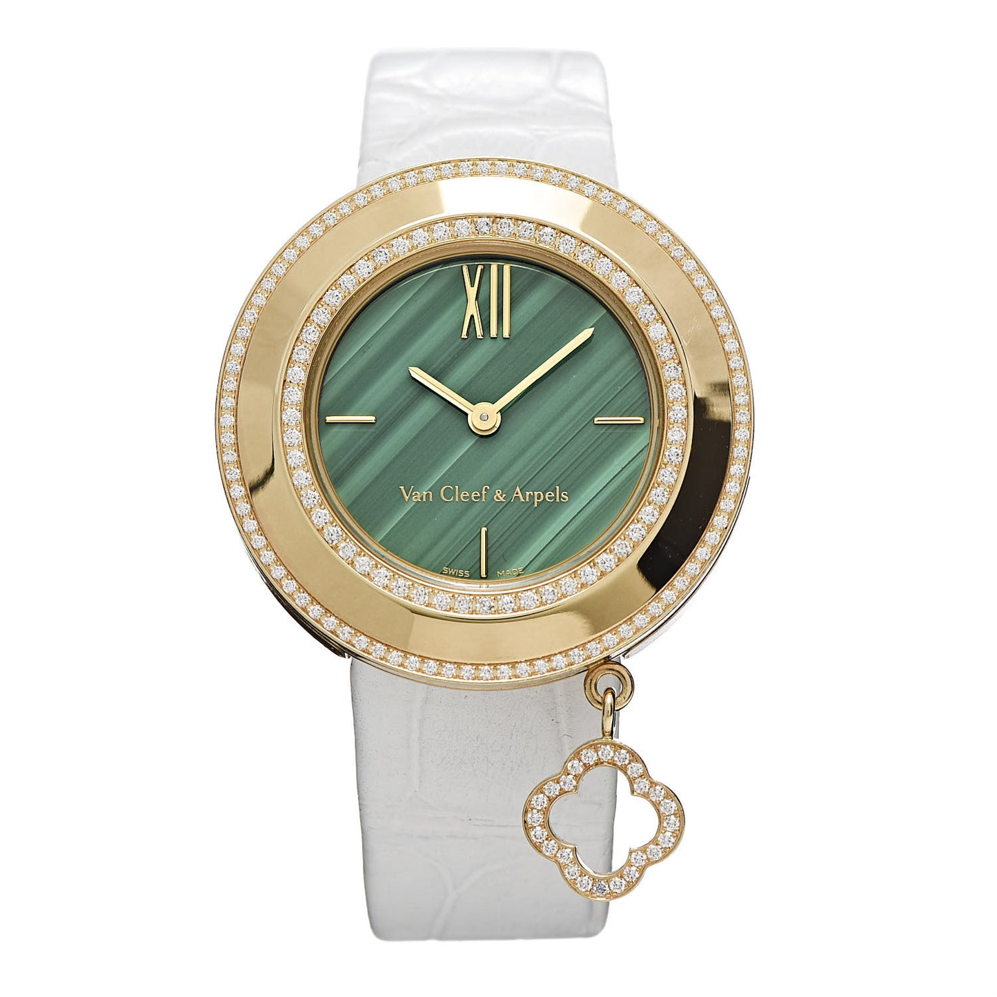 18K Yellow Gold Alligator Diamond Bezel Malachite 32mm Charms Quartz Watch