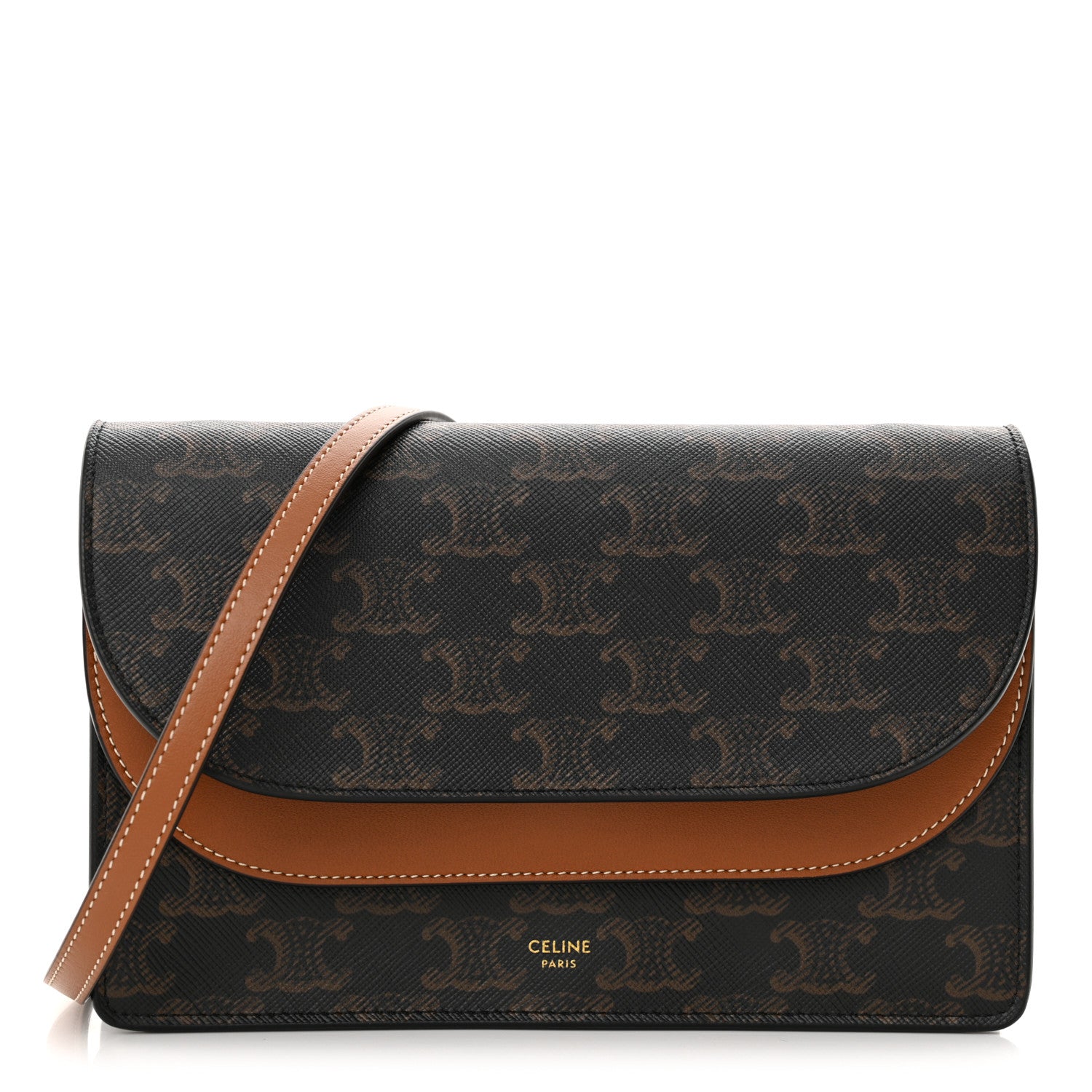 Celine Triomphe Canvas Lambskin Wallet On Strap Tan 1 of 11