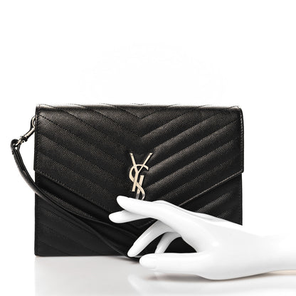 Saint Laurent Grain De Poudre Matelasse Chevron Monogram Envelope Clutch Black 2 of 7