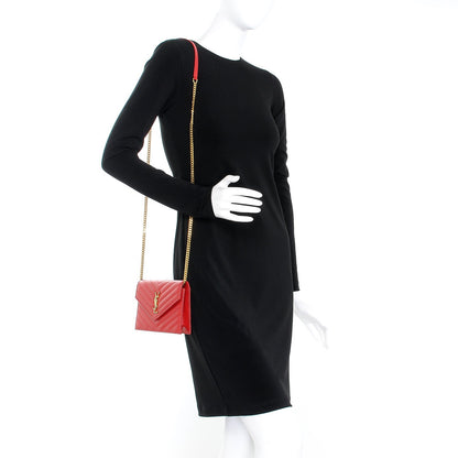 Saint Laurent Grain De Poudre Matelasse Chevron Monogram Envelope Chain Wallet New Red 2 of 8