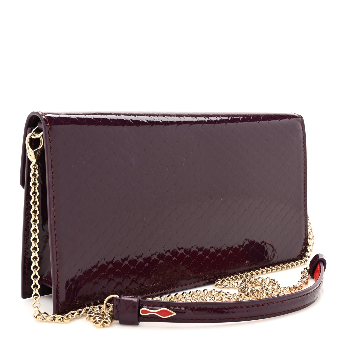 Patent Birdy Snakeskin Embossed Loubi54 Crossbody Clutch Merlot