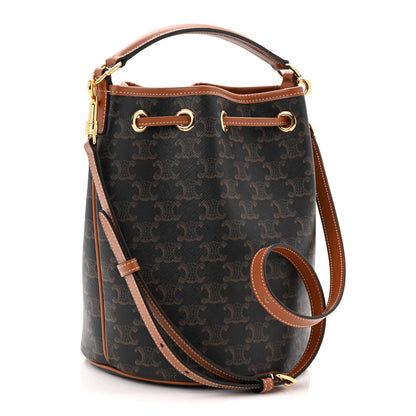 Celine Triomphe Canvas Calfskin Clara Drawstring Bucket Bag Tan 3 of 10