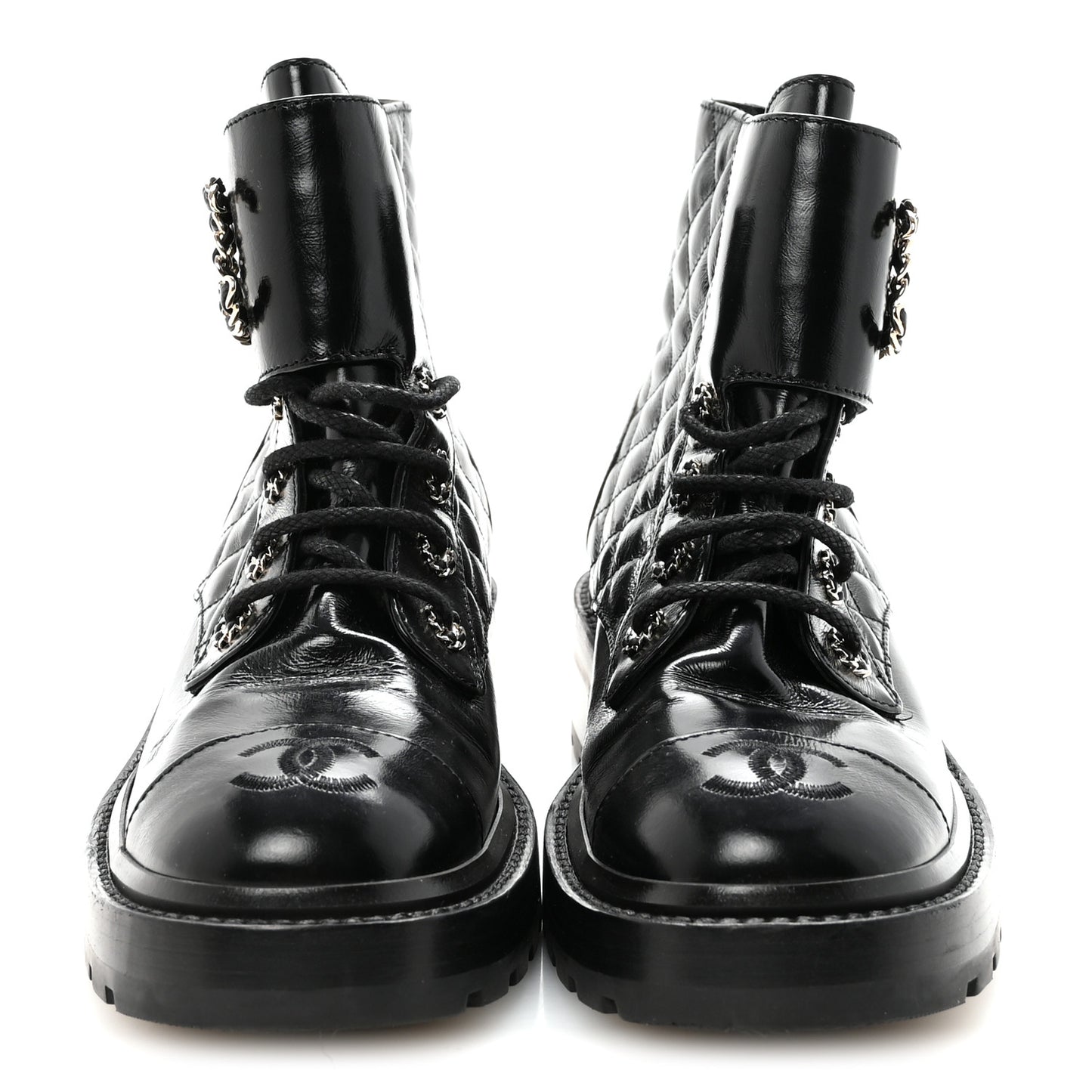Shiny Calfskin Quilted Lace Up Combat Boots 37.5 Black
