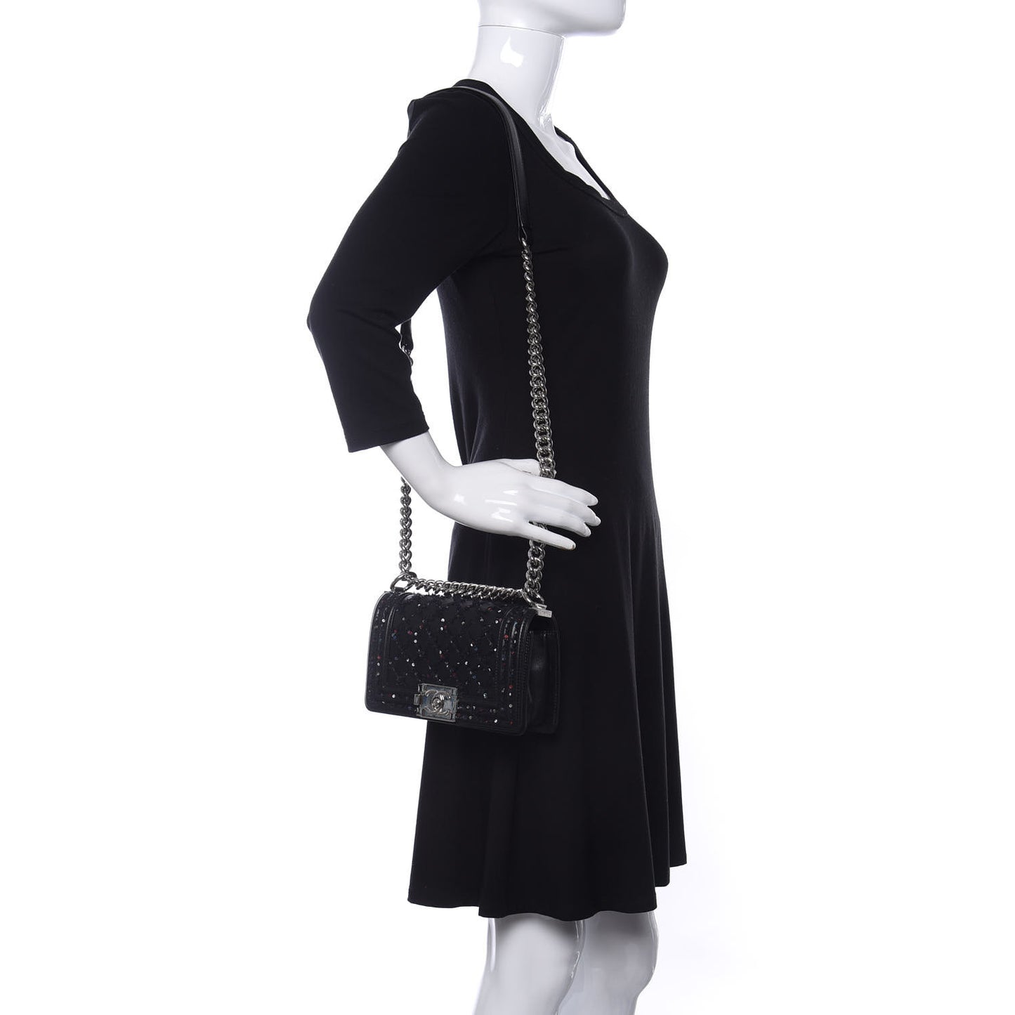 Lambskin Tweed Sequin Quilted Small Boy Flap Black
