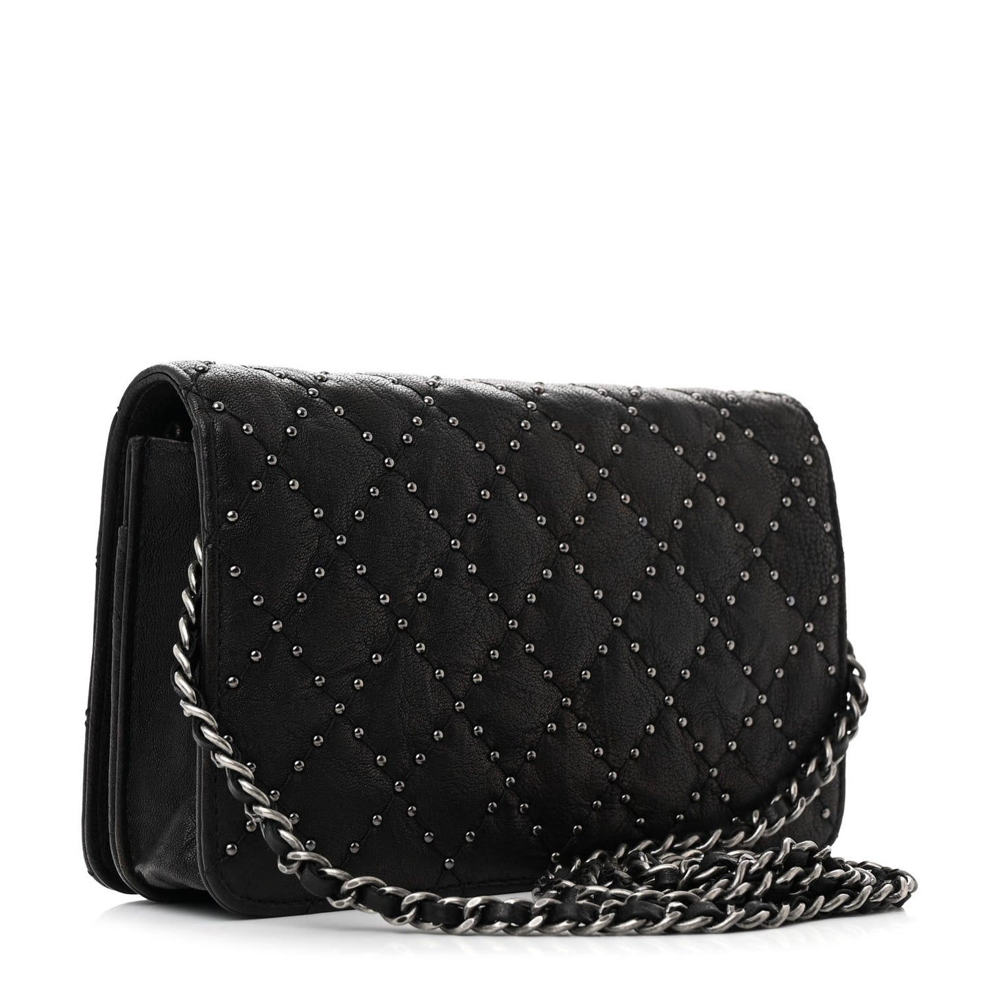 Crumpled Lambskin Studded Paris Dallas Wallet On Chain WOC Black