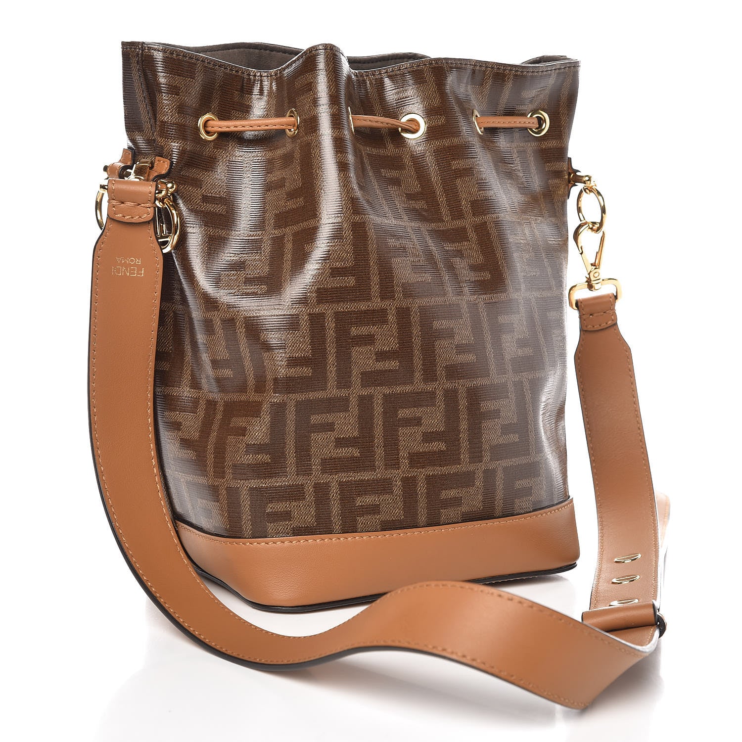 Fendi Glazed Fabric Vitello Grace F is Fendi FF 1974 Stamp Patch Grande Mon Tresor Bucket Bag Mogano Panna Nocciola 3 of 6