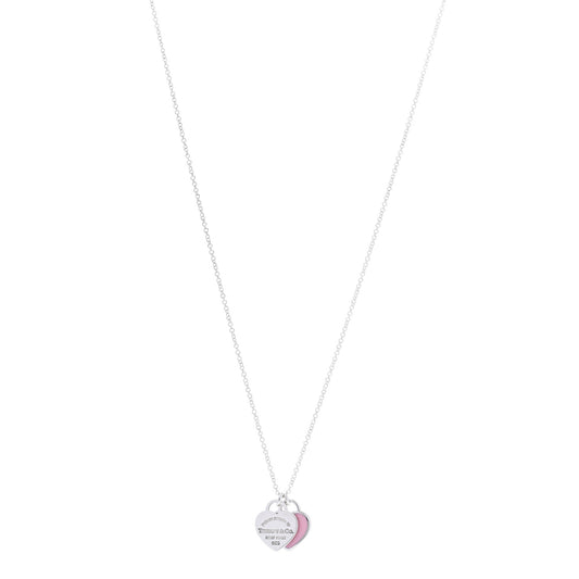 Sterling Silver Enamel Return to Tiffany Double Heart Tag Pendant Necklace Pink