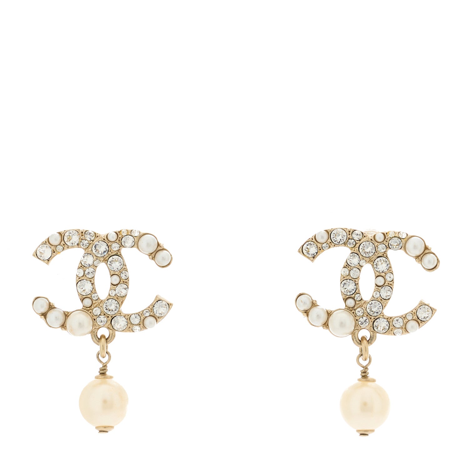 Chanel Crystal Pearl CC Drop Earrings Gold Pearly White 1 of 4