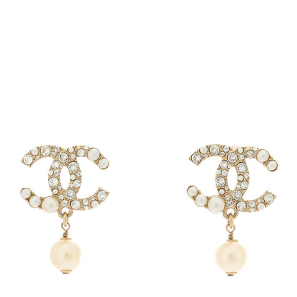 Chanel Crystal Pearl CC Drop Earrings Gold Pearly White 1 of 4