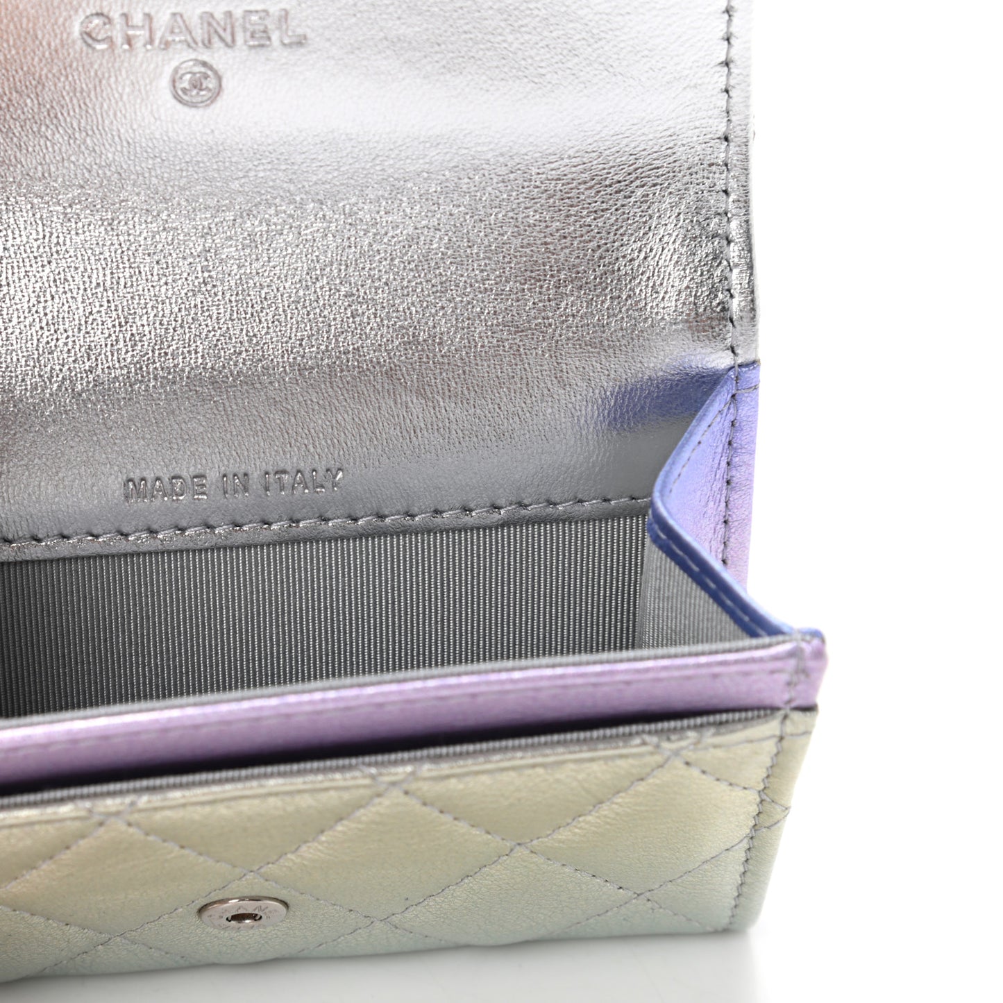 Gradient Metallic Calfskin Quilted Flap Card Holder Wallet Silver Blue Yellow Purple