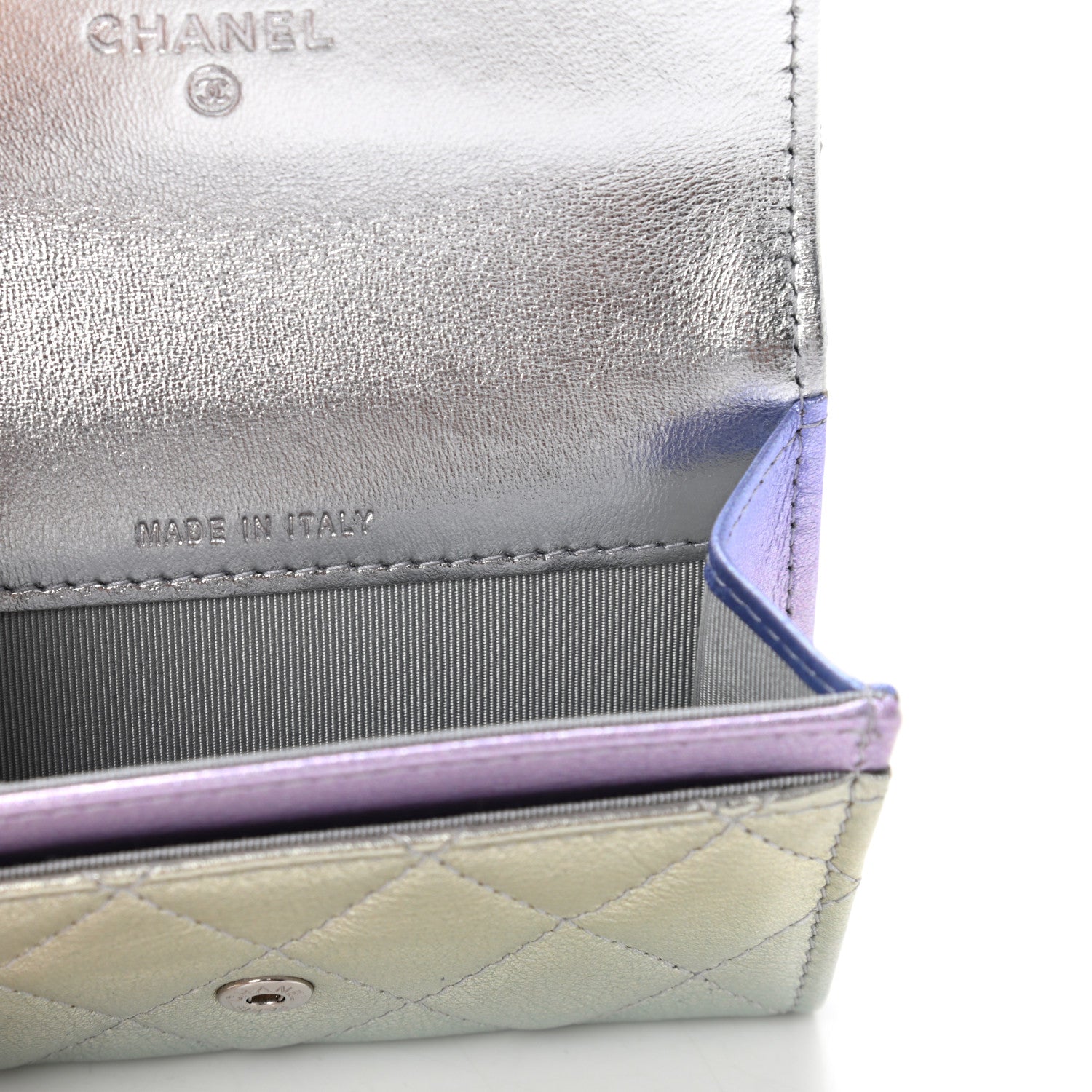 Chanel Gradient Metallic Calfskin Quilted Flap Card Holder Wallet Silver Blue Yellow Purple 7 of 8