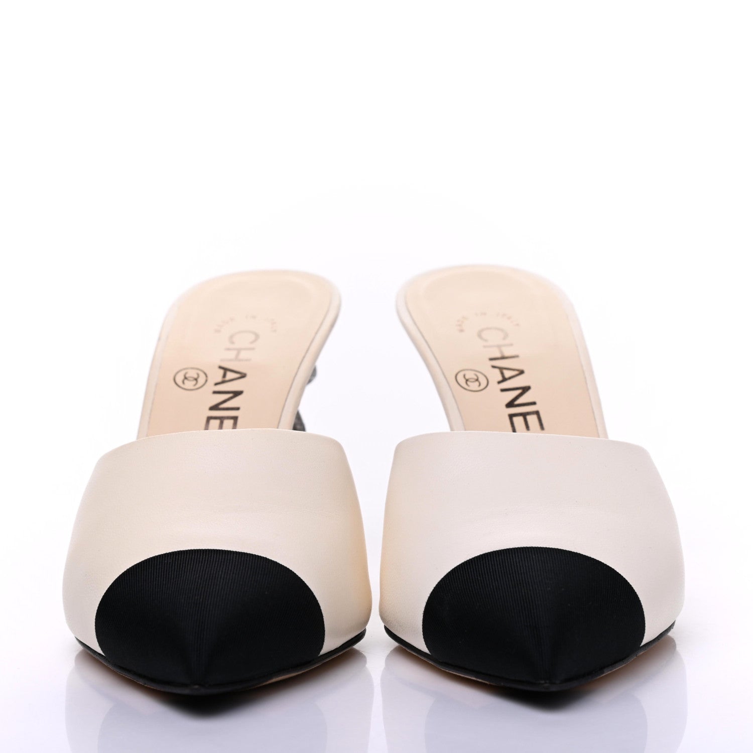 Chanel Lambskin Grosgrain Cap Toe Snake Pearl Mule 35 White Black 2 of 15