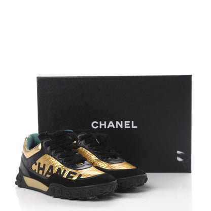 Chanel Metallic Fabric Calfskin Suede Crocodile Embossed CC Sneakers 36.5 Black Gold 9 of 9