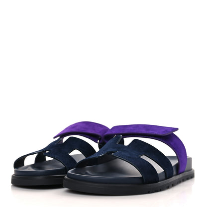 Hermes Suede Goatskin Womens Chypre Sandals 37.5 Marine Violet Majorette 3 of 9