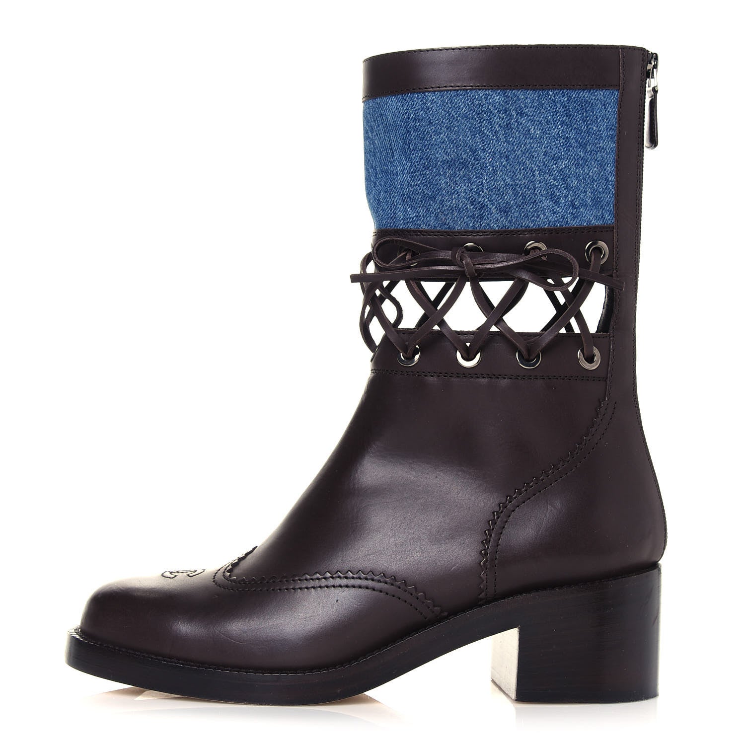 Chanel Denim Calfskin Lace Up Short Boots 41 Light Blue Brown 1 of 10
