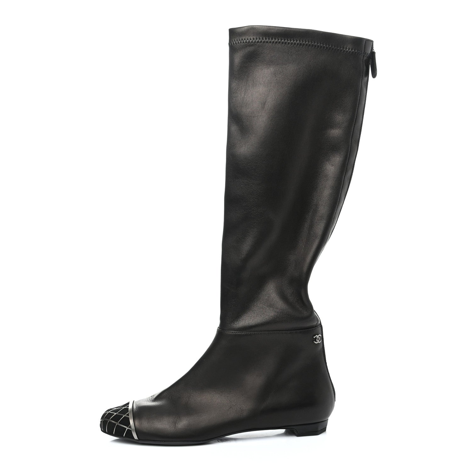 Chanel Lambskin Suede Caged Cap Toe High Boots 37.5 Black 1 of 10