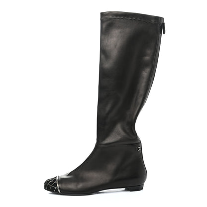 Chanel Lambskin Suede Caged Cap Toe High Boots 37.5 Black 1 of 10
