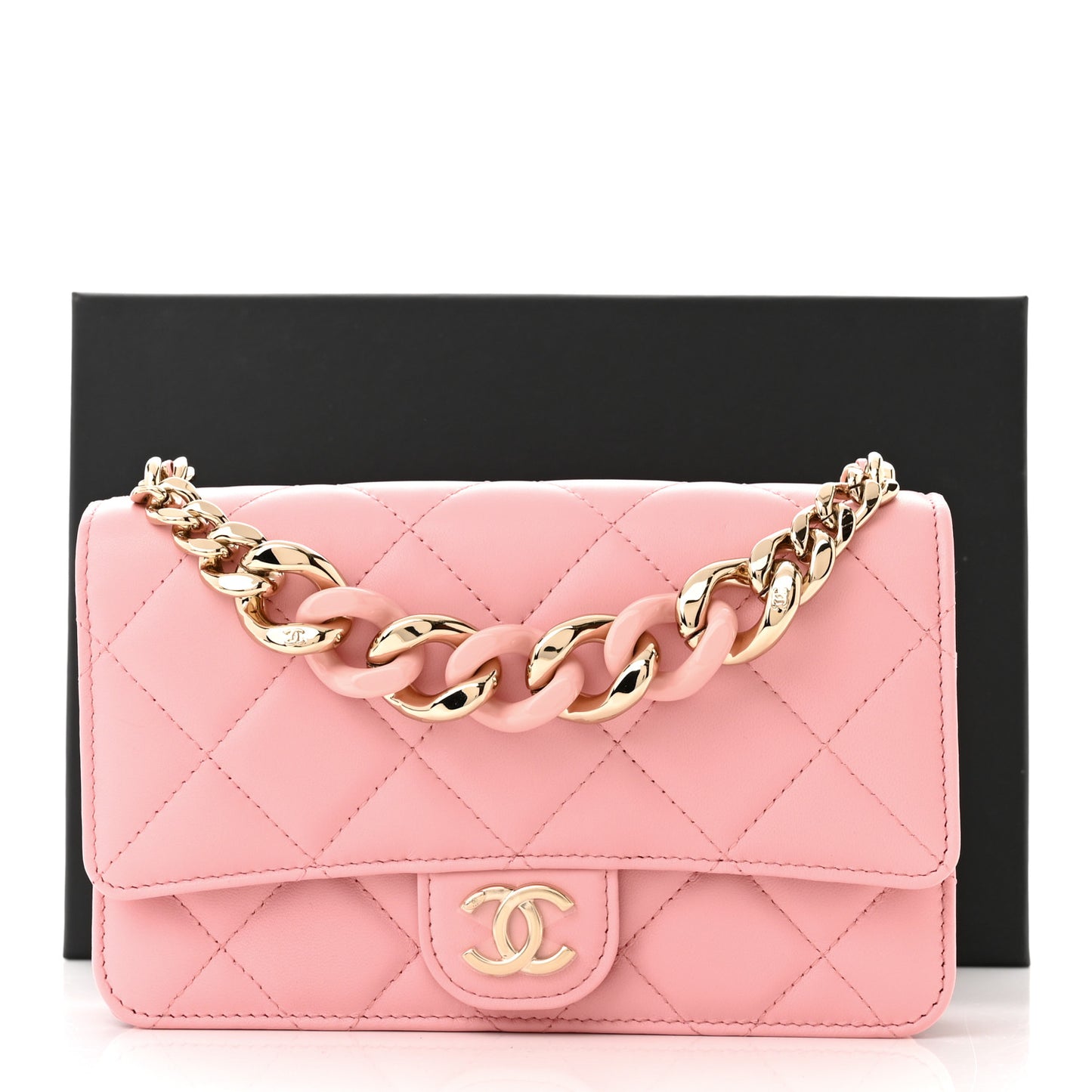 Lambskin Quilted Resin Bi-Color Chain Wallet On Chain WOC Pink