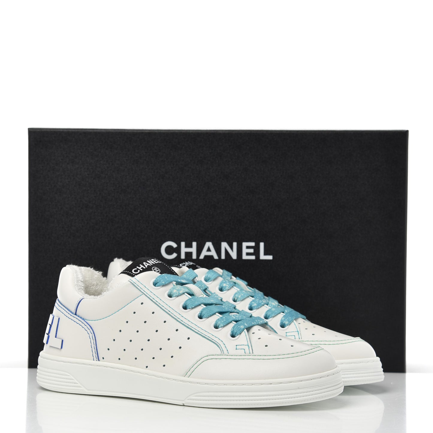 Calfskin Womens Logo Sneakers 37 White Blue