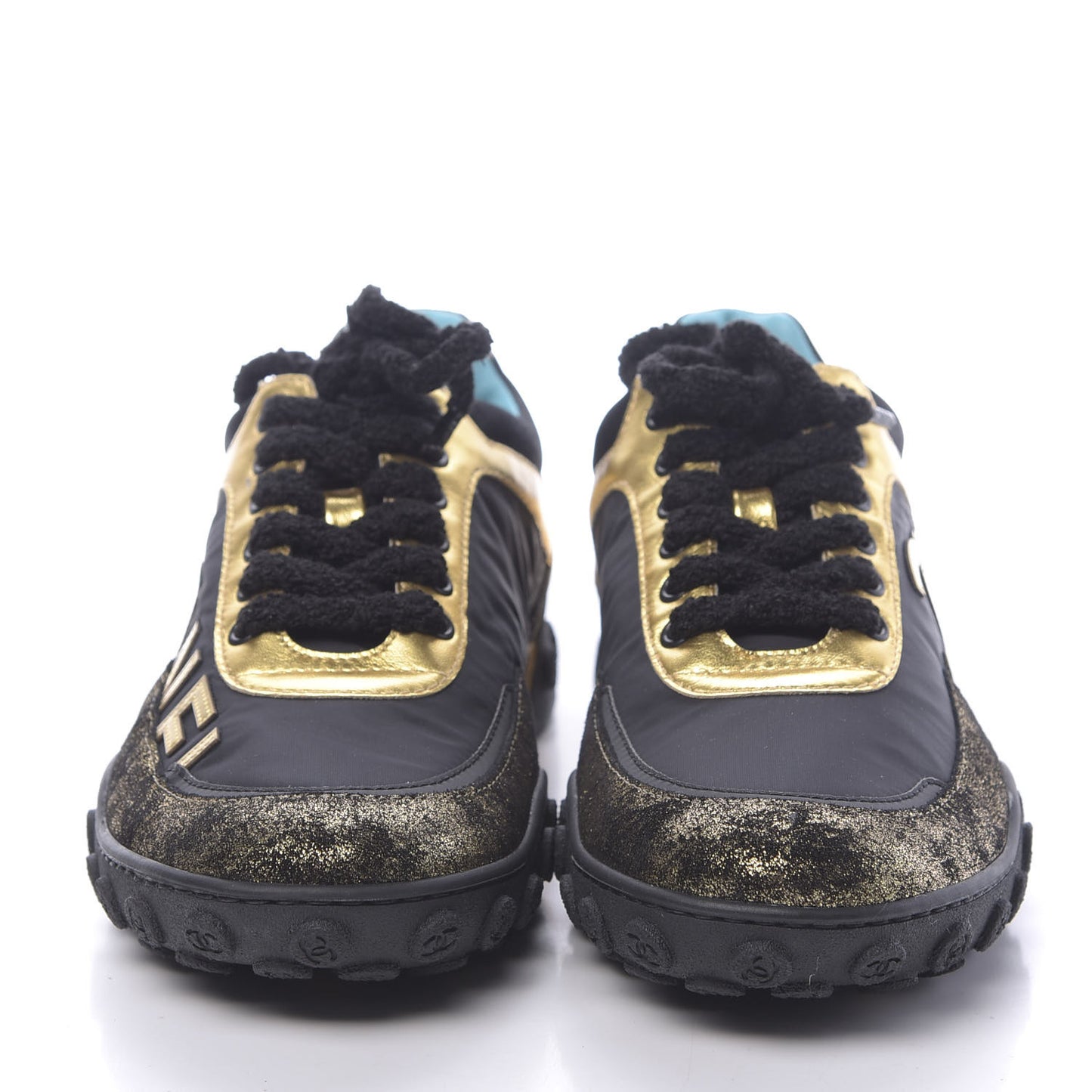 Metallic Lambskin Satin Finish Womens CC Sneakers 37.5 Black Gold