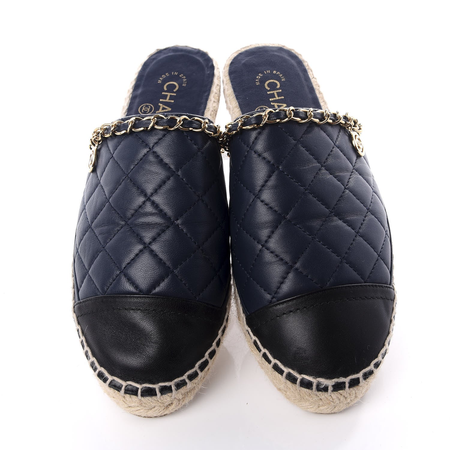 Chanel Lambskin Quilted CC Chain Espadrille Mules 38 Black Navy 5 of 10