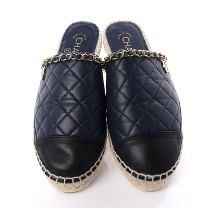 Chanel Lambskin Quilted CC Chain Espadrille Mules 38 Black Navy 5 of 10