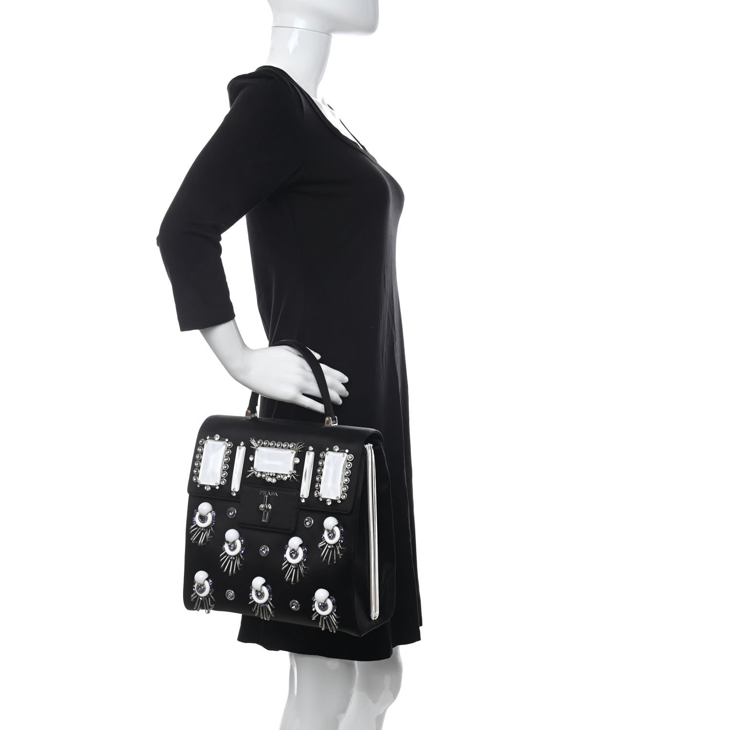 Prada Satin Raso Crystal Embellished Ricamo Shoulder Bag Black 2 of 11