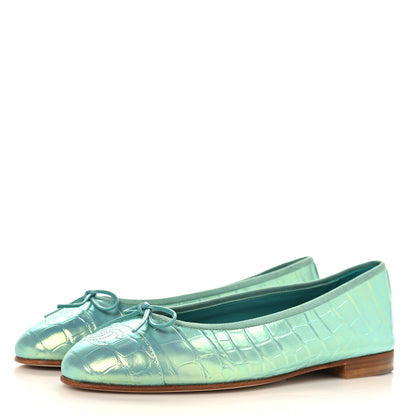 Chanel Iridescent Calfskin Crocodile Embossed Ballerina Flats 40 Green 4 of 10