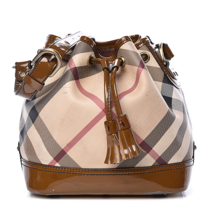 Burberry Patent Trim Nova Check Drawstring Bucket Bag Brown 1 of 23