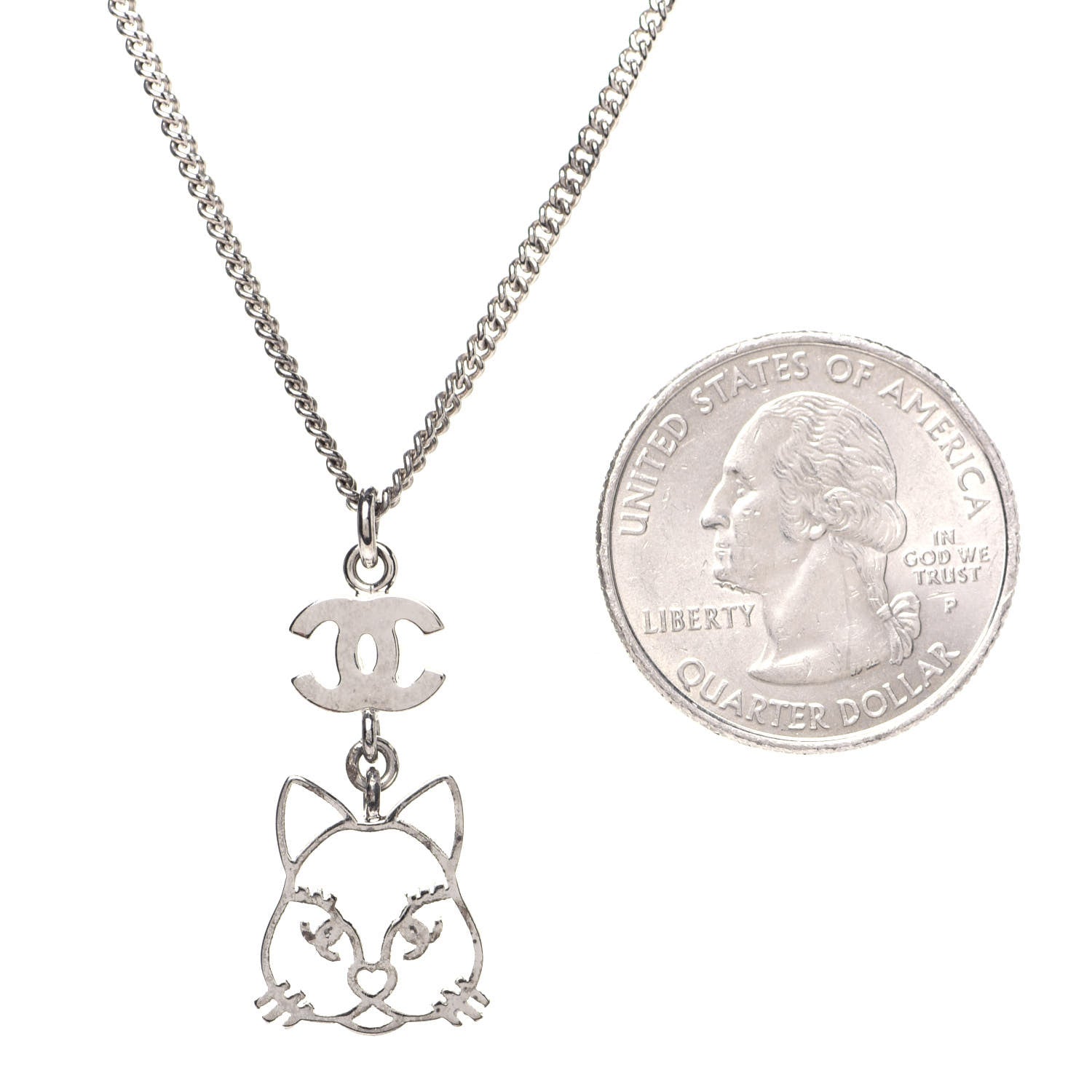 Chanel Crystal Emoji Choupette Cat Pendant Necklace Silver 2 of 8