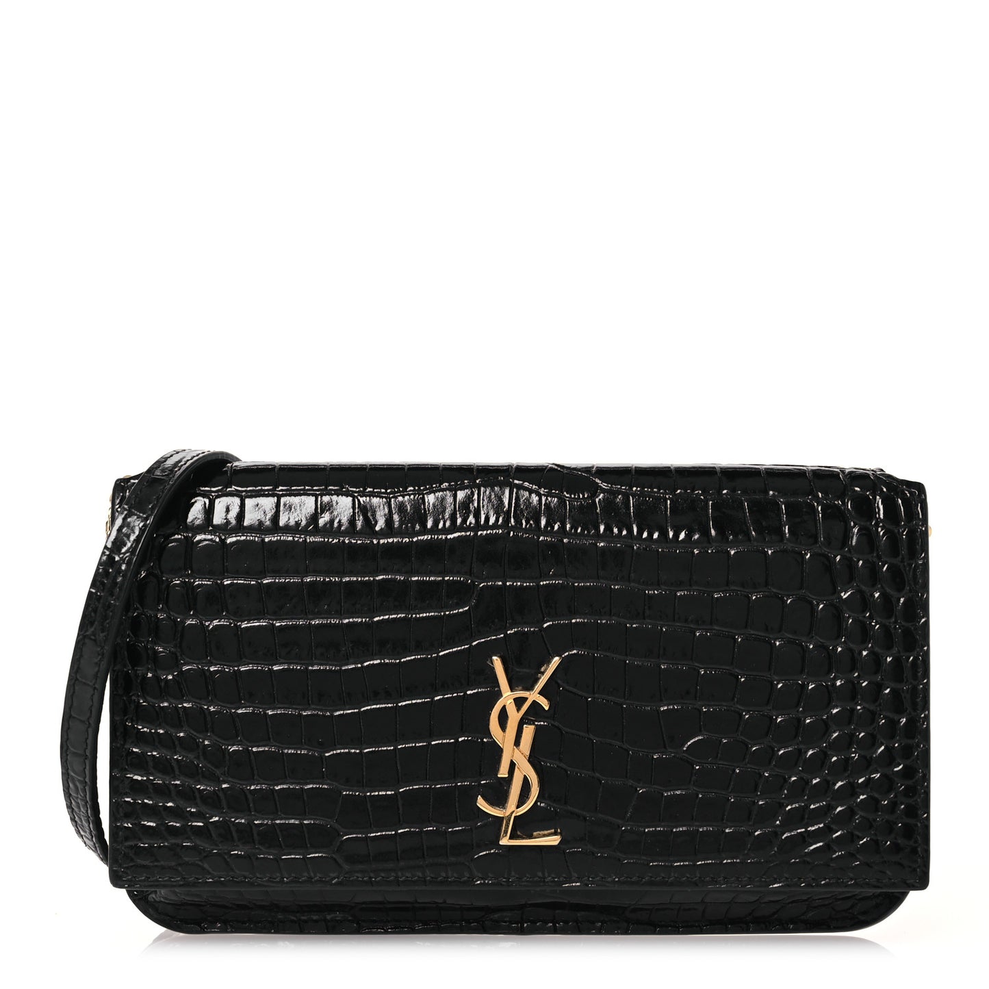 Crocodile Embossed Monogram Phone Holder Crossbody Black