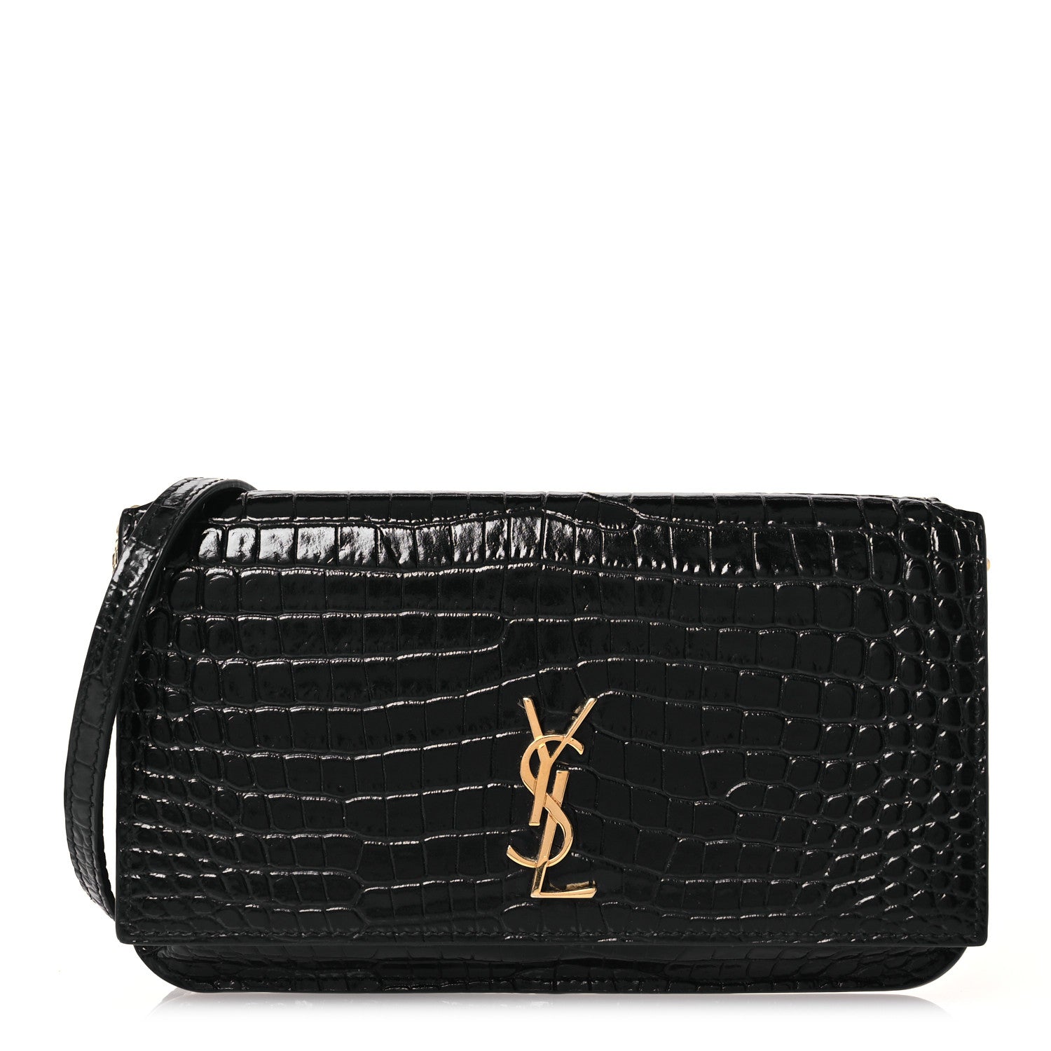 Saint Laurent Crocodile Embossed Monogram Phone Holder Crossbody Black 1 of 14