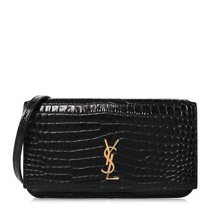 Saint Laurent Crocodile Embossed Monogram Phone Holder Crossbody Black 1 of 14