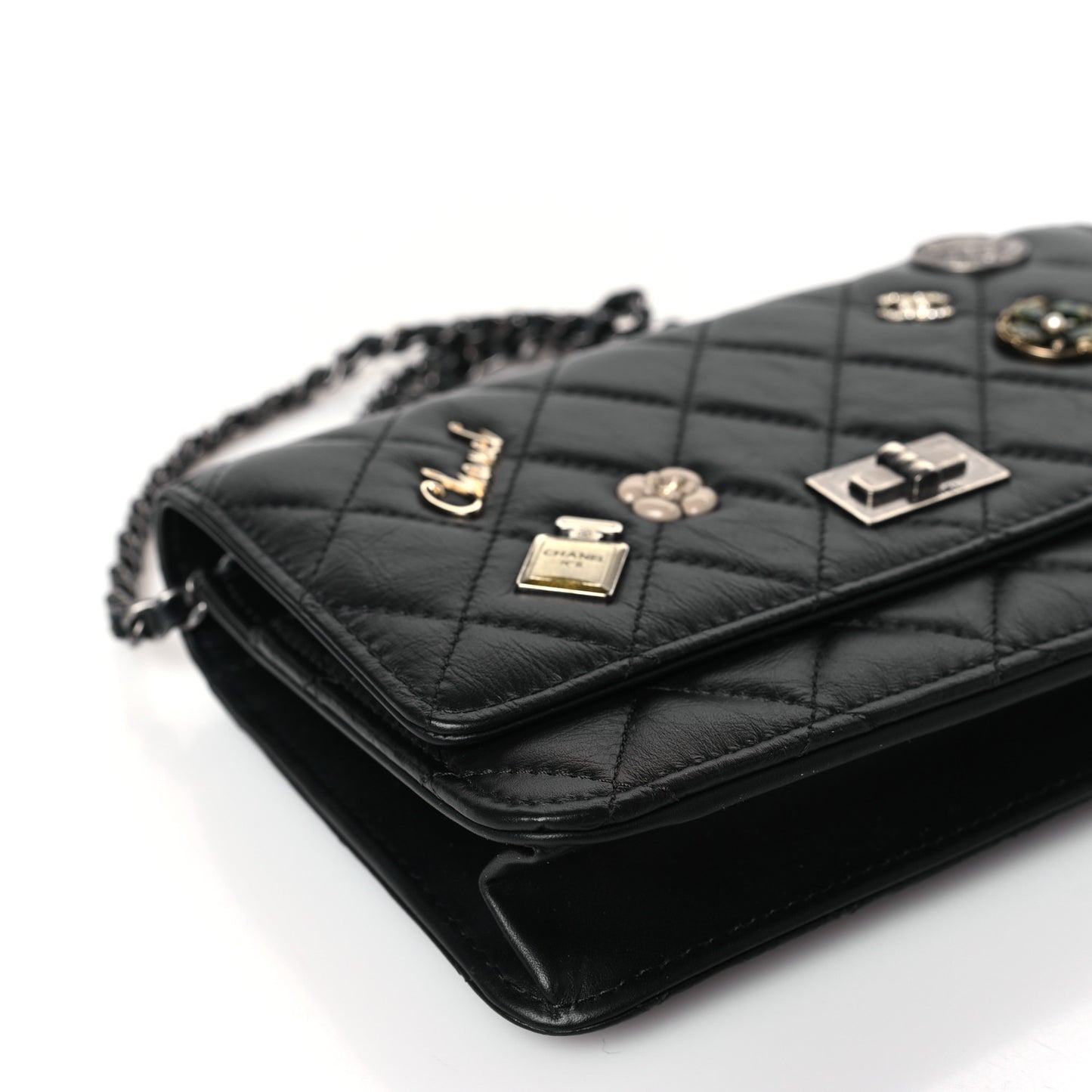 Aged Calfskin Quilted Lucky Charms 2.55 Reissue Wallet On Chain WOC Black