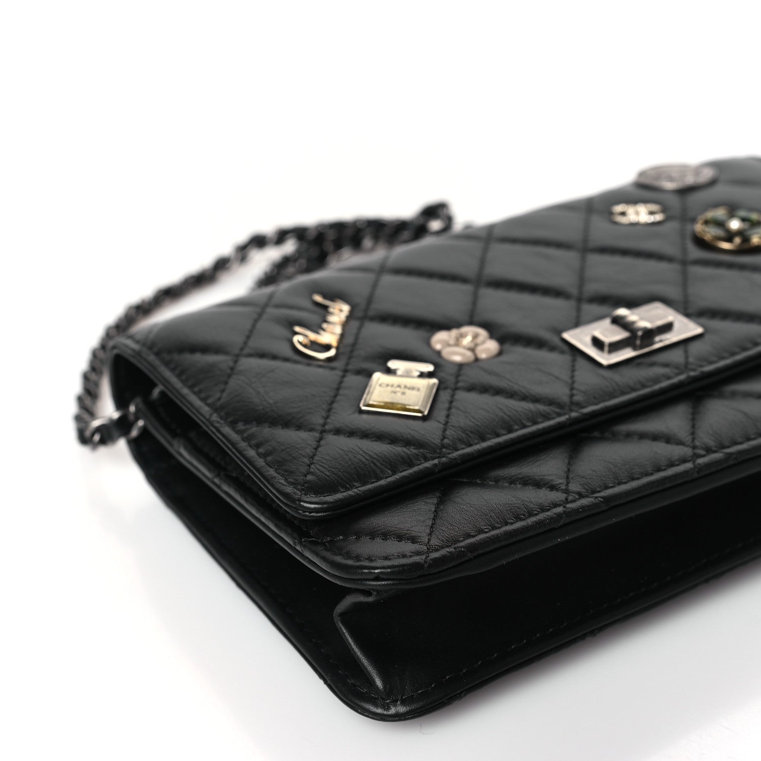 Chanel Aged Calfskin Quilted Lucky Charms 2.55 Reissue Wallet On Chain WOC Black 9 of 11