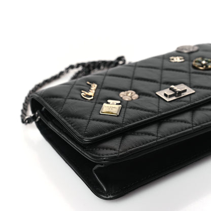 Chanel Aged Calfskin Quilted Lucky Charms 2.55 Reissue Wallet On Chain WOC Black 9 of 11