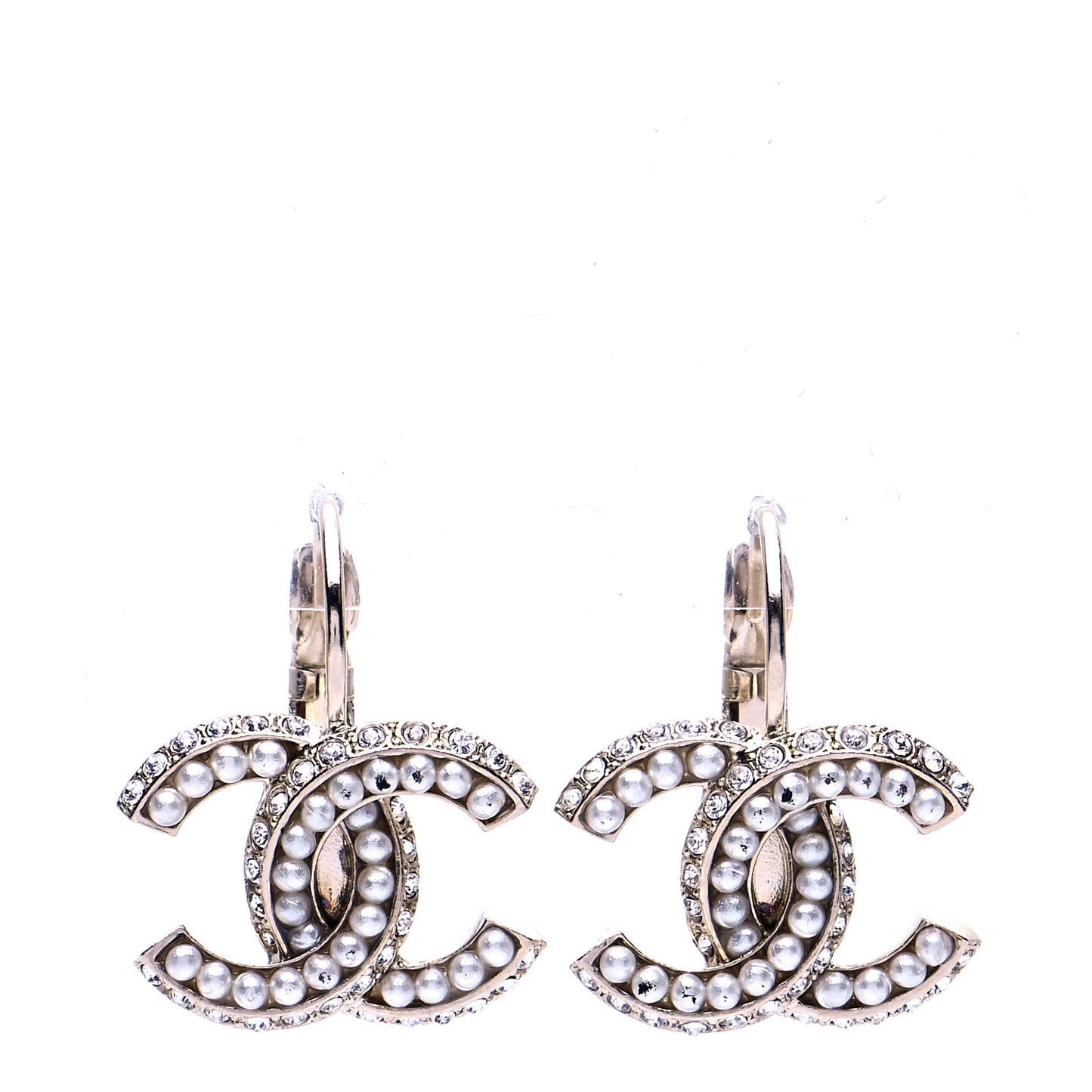 Crystal Pearl CC Dangle Earrings Gold