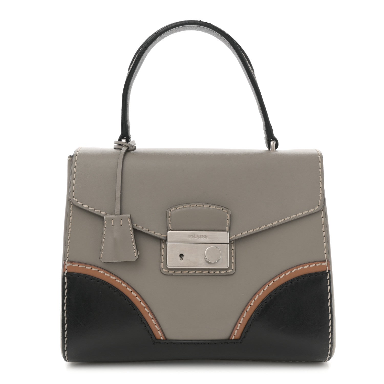 Prada Vitello Tri-Color Medium Sound Top Handle Satchel Grigio Black 1 of 15