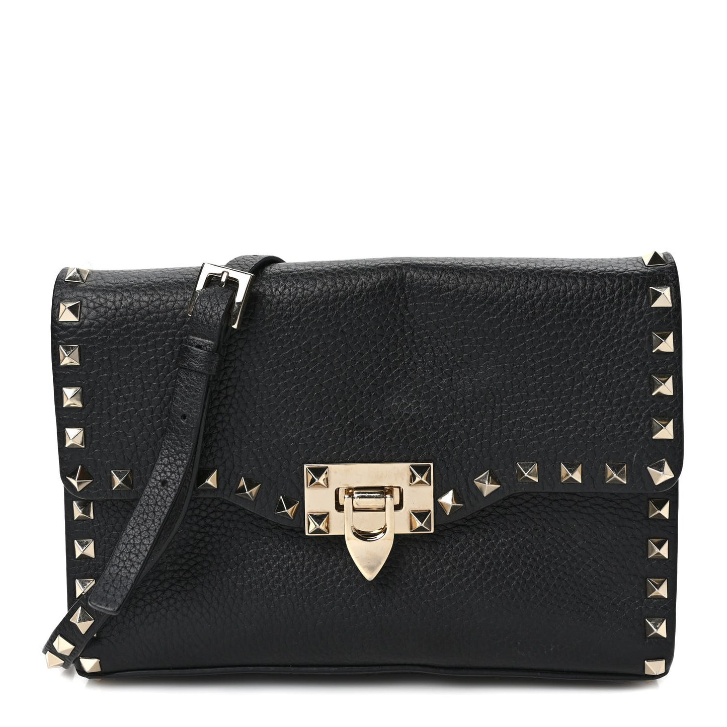 Pebbled Calfskin Medium Rockstud Flip Lock Crossbody Bag Black